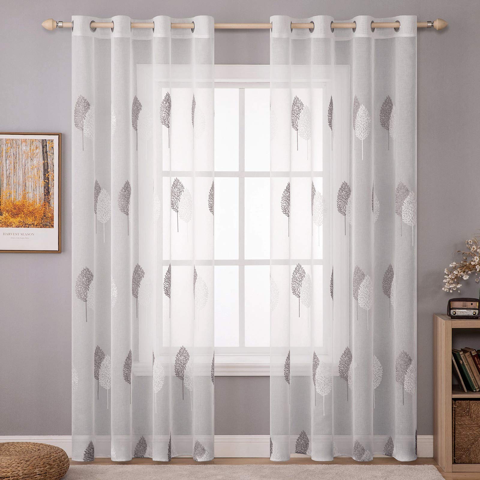 MIULEE 2 Panels Leaves Embroidery Sheer Curtains Christmas Decoration Grommet Window Curtain Semi Voile Drapes Panels for Living Room Bedroom Big Leaves Grey 55" Wx88 L
