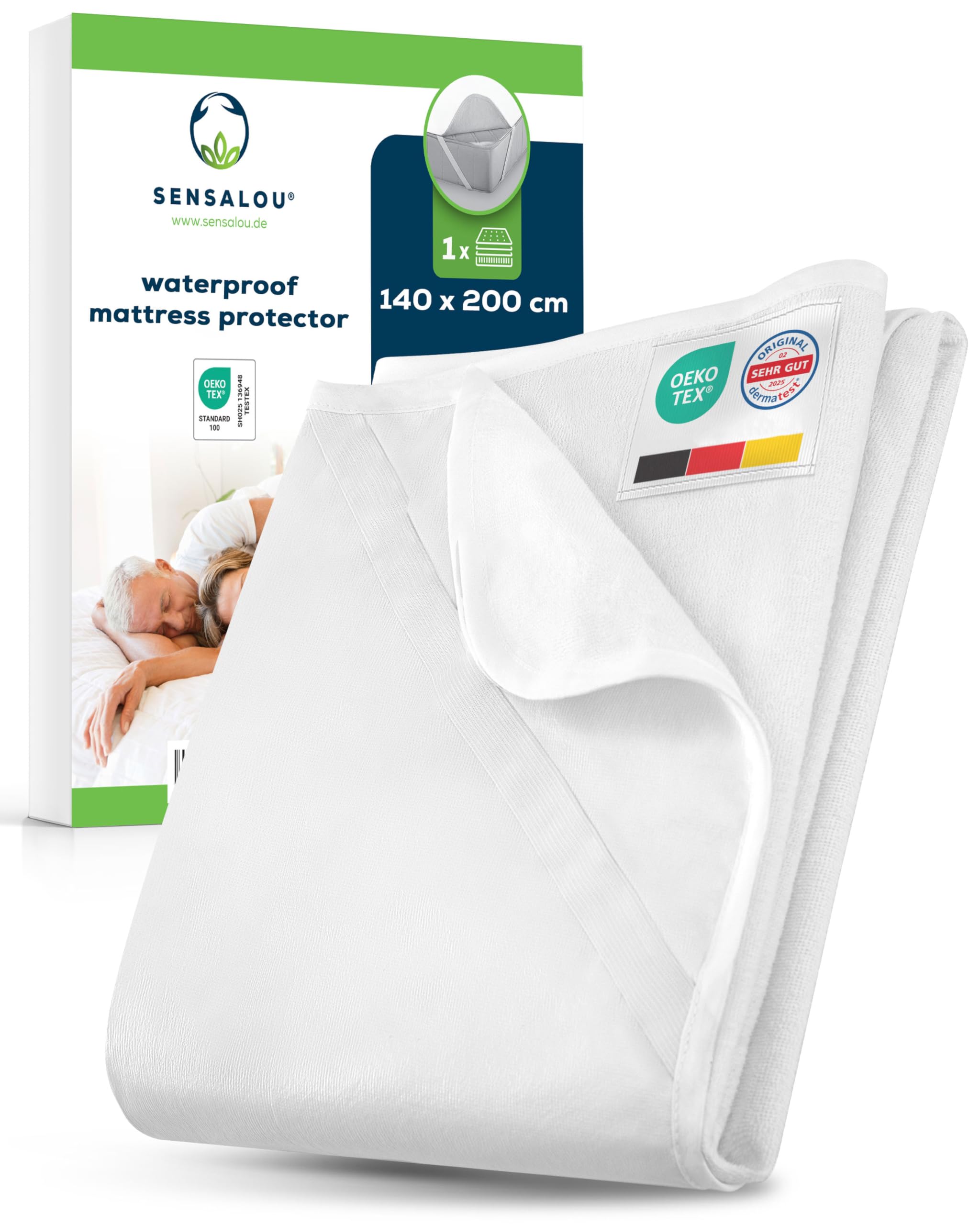 Sensalou Waterproof Mattress Protector 140x200 cm – Double Bed Cover with Elastic Corner Straps, Breathable Terry Cotton Top, Hypoallergenic, Washable at 95°C, Soft & Silent Mattress Pad, 1-Pack
