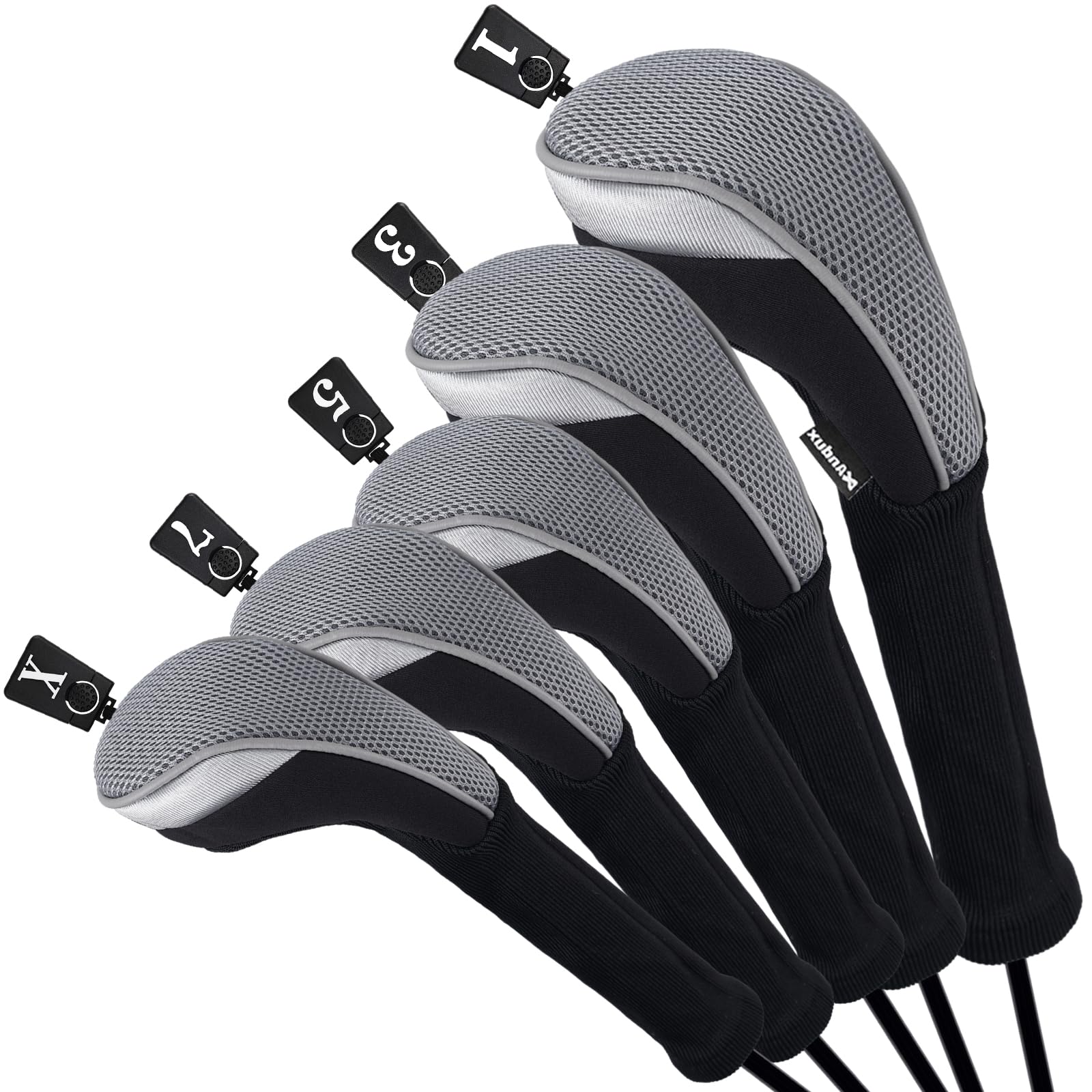 Andux Golf Fairway Wood Club Head Covers 460cc Driver Extra Long Neck 5pcs/Set Black/Grey