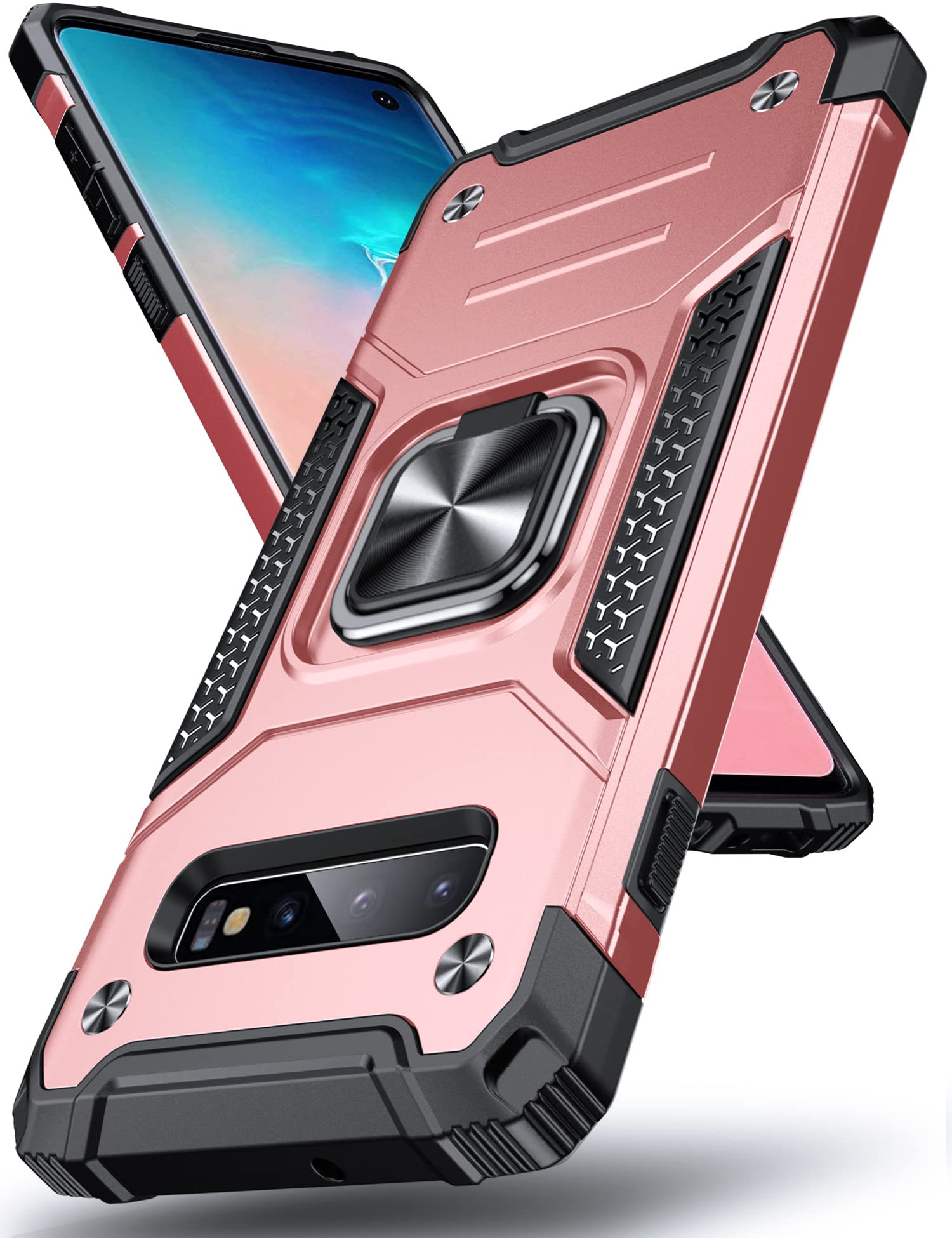 DASFOND Galaxy S10 Case, Military Grade Shockproof Protective Phone Case Cover with Enhanced Metal Ring Kickstand [Support Magnet Mount] Compatible with Samsung Galaxy S10, Rose Gold