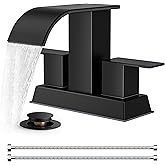 FORIOUS 4 Inch Centerset Matte Black Bathroom Faucet, 2 or 3 Hole Waterfall Square Bathroom Sink Faucet with Metal Pop-up Drain and Supply Lines, Two Handles for Vanity, Lavatory Room, Pedestal
