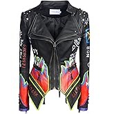 FUYUAN Women's fashion studs perfectly shaped artificial leather jacket graffiti punk motorcycle jacket