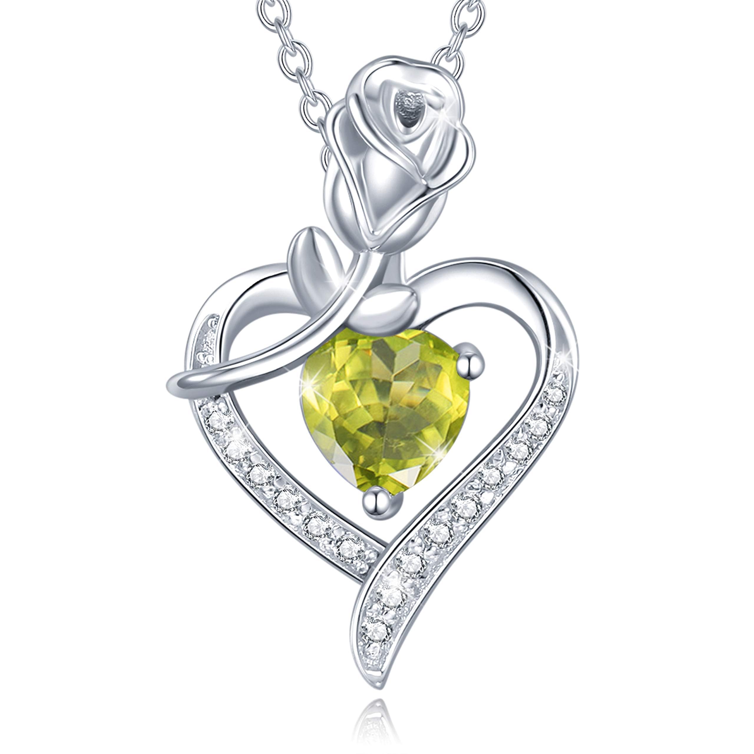 FANCIME 925 Sterling Silver August Birthstone Necklace Rose Heart Pendant Natural Peridot Necklace with Fine Jewellery Box Christmas Birthday Valentine's Day Mother's Day Present for Women Mother