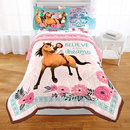 1 Piece Kids Girls Coral Pink Brown Horse Themed Comforter Twin Dreamworks Spirit Bedding Lucky Giddy Up Believe In Your Dreams Galloping Pony