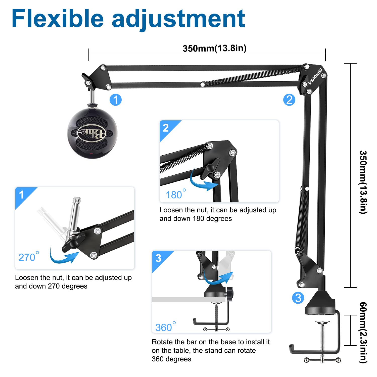 Microphone Arm,Aokeo AK-35 Microphone Desk Stand-Microphone Suspension Boom Scissor Arm Stand For Blue Yeti,Blue Snowball iCE,QuadCast,Elgato