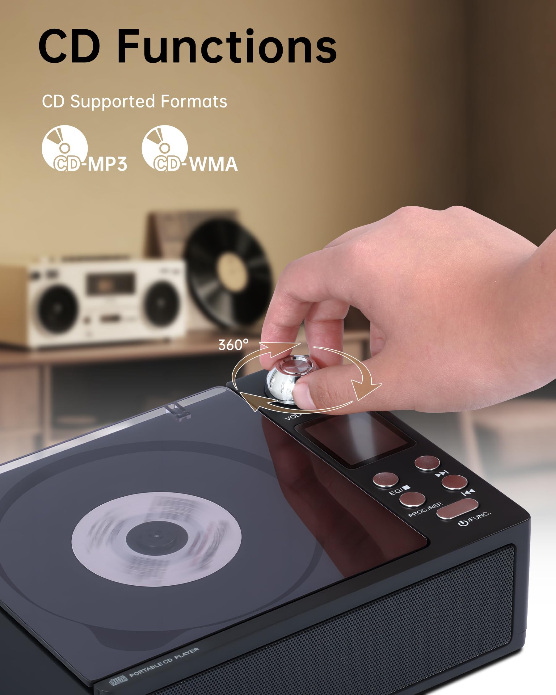 CD Player Portable with Bluetooth and Speakers: Rechargeable 4000mAh Battery, Bluetooth 5.3 Transmitter & Receiver, FM Radio, USB/TF/AUX, Optical Out, A-B Repeat - Home Audio Music Player