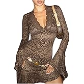 MakeMeChic Women's Floral Mini Dress Lace Deep V Neck Bell Sleeve Ruffle Bodycon Cowboy Chic Coverup Dresses