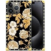 WANKBLC Compatible with iPhone 16 Pro Max Case, Blooming Rose Golden Flower Luxury Golden Decoration for Girl Women Soft TPU Shockproof Protective Hard PC Back for iPhone 16 Pro Max