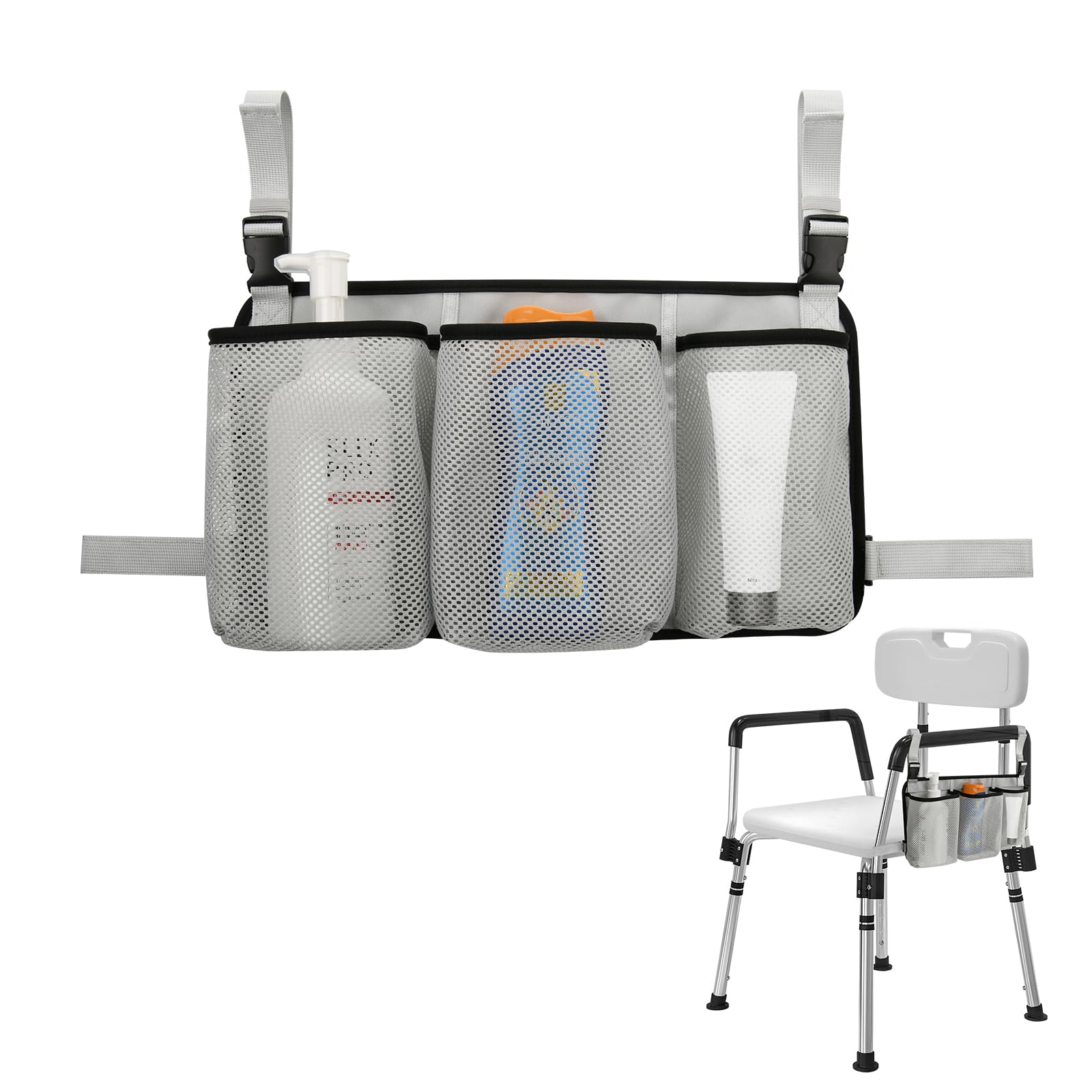 Photo 1 of Beautyflier Removable Hanging Bag for Shower Chair, Commode Chair Side Storage Bag, Armrest Chair Side Organizer, 3 Storage Pockets for Shampoo, Shower Gel, Facial Cleanser, Bag Only (Gray)
