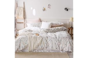 EAVD Reversible Botanical Floral Duvet Cover Queen White Soft 100% Cotton Garden Floral Bedding Set with 2 Pillowcases Chic Shabby Floral Comforter Set for Girls Women with Zipper Closure