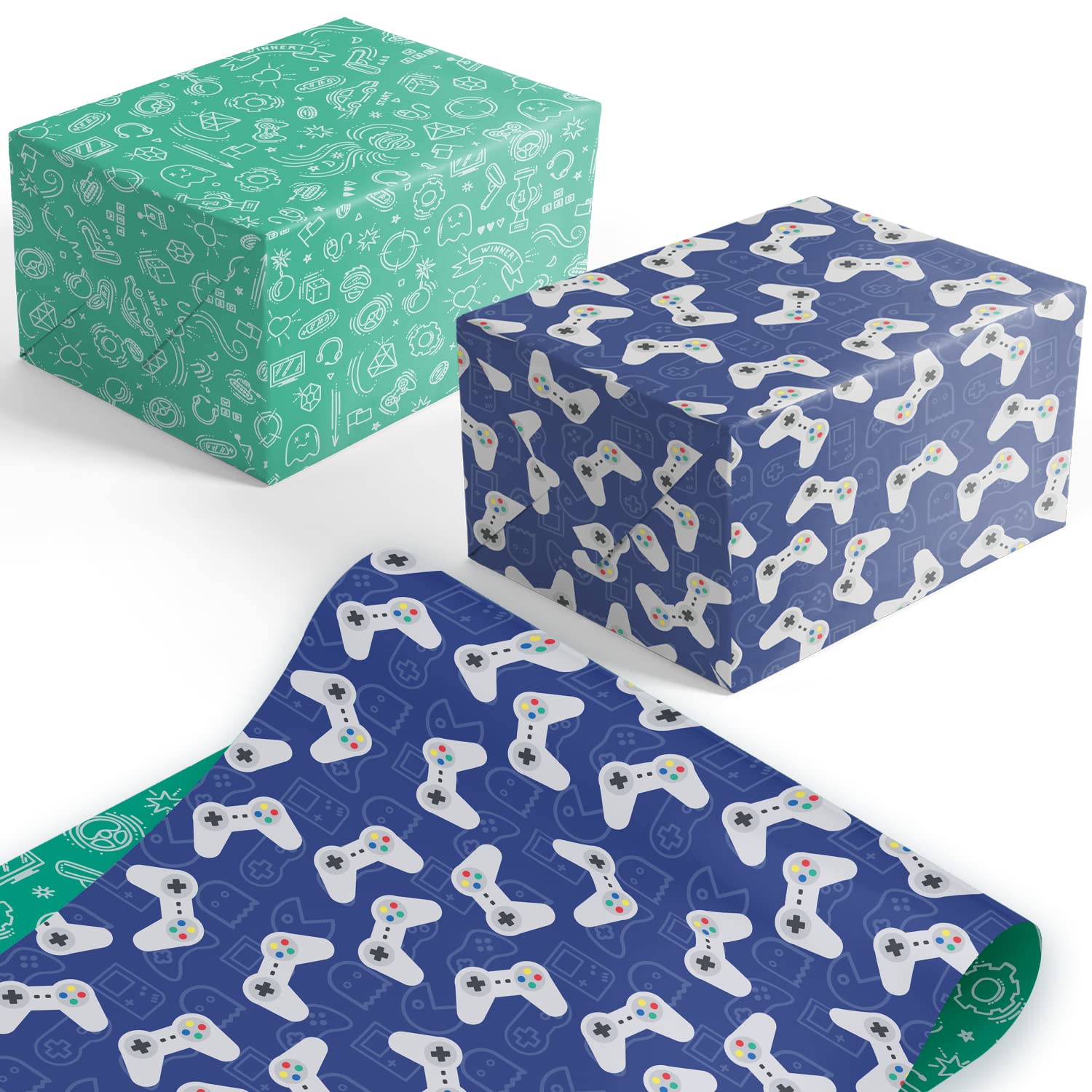 4 x Large Gaming Wrapping Paper Sheets. Double Sided With Two Gaming Designs. Recyclable Birthday Wrapping Paper or Gift Wrapping Paper for any Occasion. Made in the UK by Giggle Greetings®