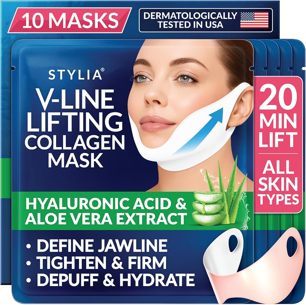 Stylia V Line Lifting Collagen Mask - Lift, Firm & Contour Jawline - Tightening Double Chin Strap with Hyaluronic Acid & Aloe