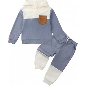 Toddler Boy Clothes Color Block Hoodie+Pants 1-5T Kids Waffle Sweatsuit | Fall Winter Baby Boys Long Sleeve Outfits 2Pcs Sets