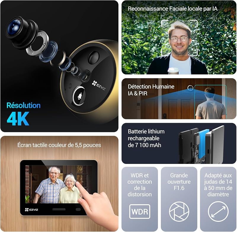 4K (8MP) Judas de Porte Camera Surveillance EP4 Doré
