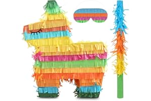 Birchio Small Donkey Pinata Bundle with a Blindfold and a Bat (14 x 13.5 x 5.5 Inches), Mexican Piñata, Perfect for Kid's Birthday Party, Cinco de Mayo Party, Decoration