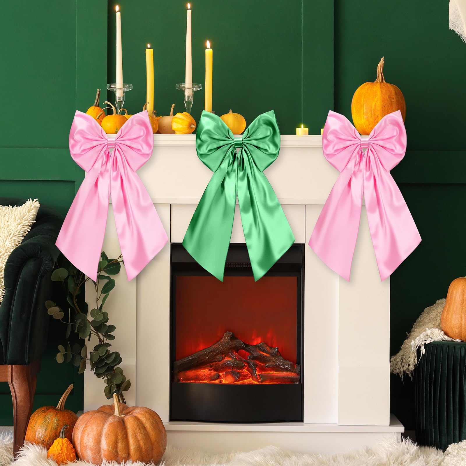 Photo 1 of 3 Pcs 2 FT Large Christmas Bow Decorations Big Satin Pink Green Bows Hanging Wall Decors for Room Fireplace Coquette Birthday Backdrop Bridal Shower Wedding Bachelorette Christmas Party Supplies