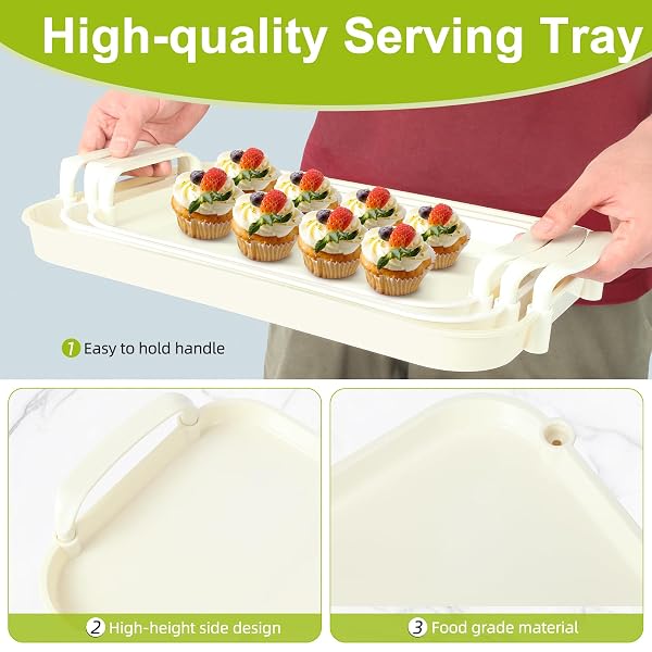 ZUFUDO 3 PACK SERVING TRAY WITH HANDLES, STACKABLE REUSABLE TRAYS FOR SERVING FOOD, PLASTIC SERVING PLATTERS FOR PARTY, CHARCUTERIE, FRUIT, APPETIZER, SOLID CREAM