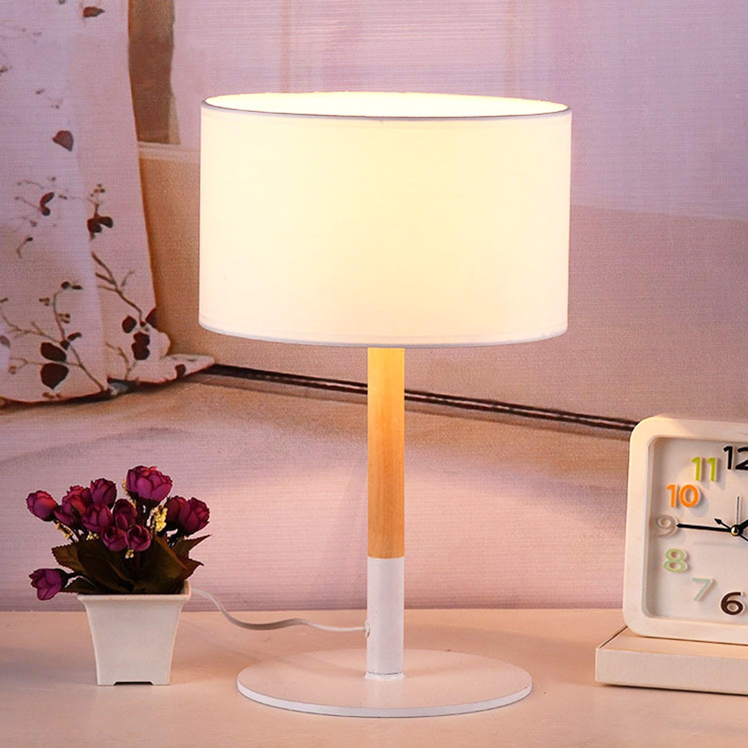 ANDYCINE Desk Table Lamp Cloth Shade E27 Iron Base Wooden Stand White Color