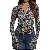 RoseSeek Women's Leopard Sheer Tops Bell Sleeve Tie Front V Neck T Shirt Vintage Party Y2K Clothes Going Out Top