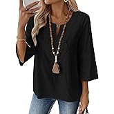 LOMON Womens 3/4 Sleeve Tops Cotton Linen Shirts V Neck Lace Casual Loose Fit Blouses Boho Fashion