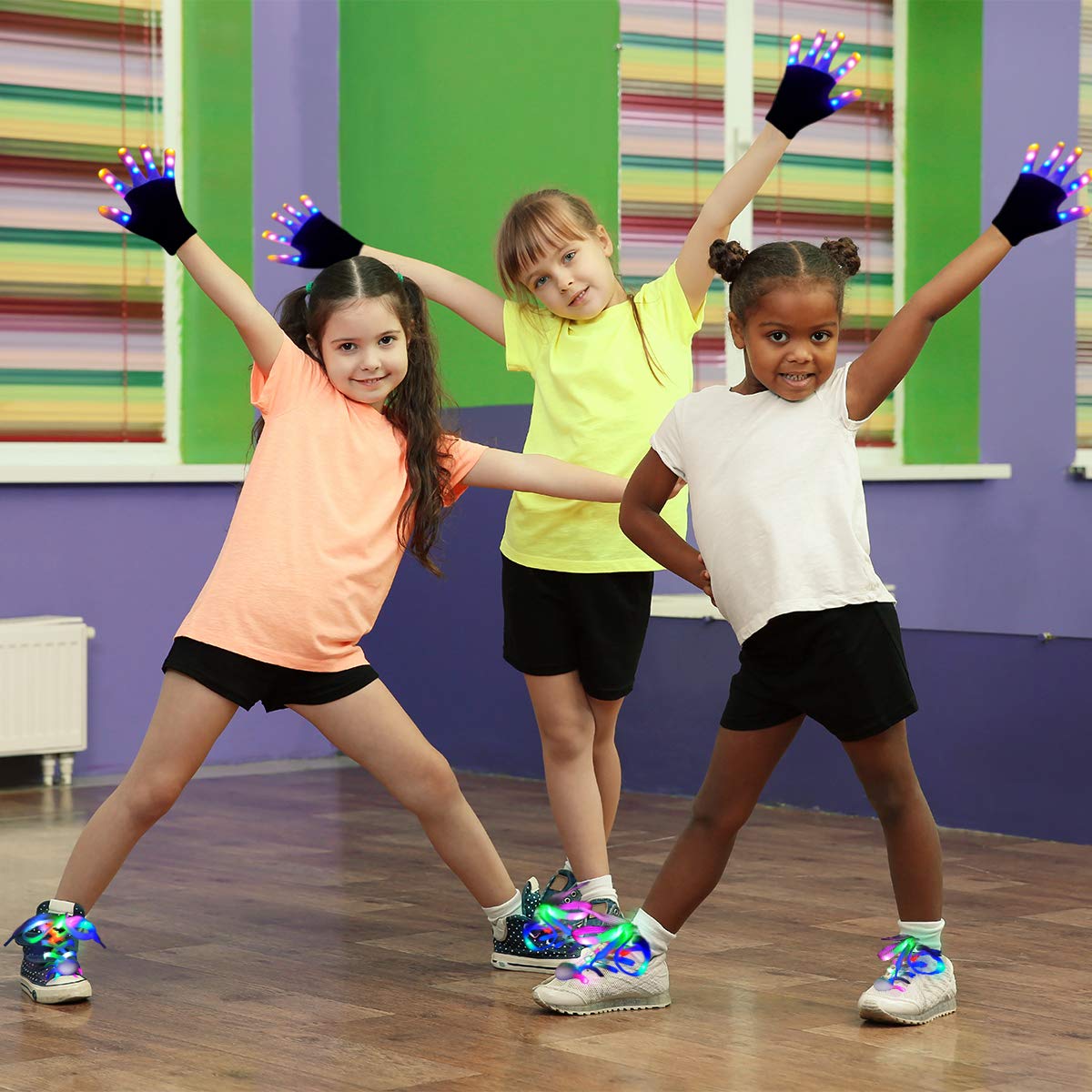 Aywewii LED Gloves for Kids Flashing Finger Light Up Gloves LED Shoelaces Set, LED Warm Gloves Kids Toys (Black)