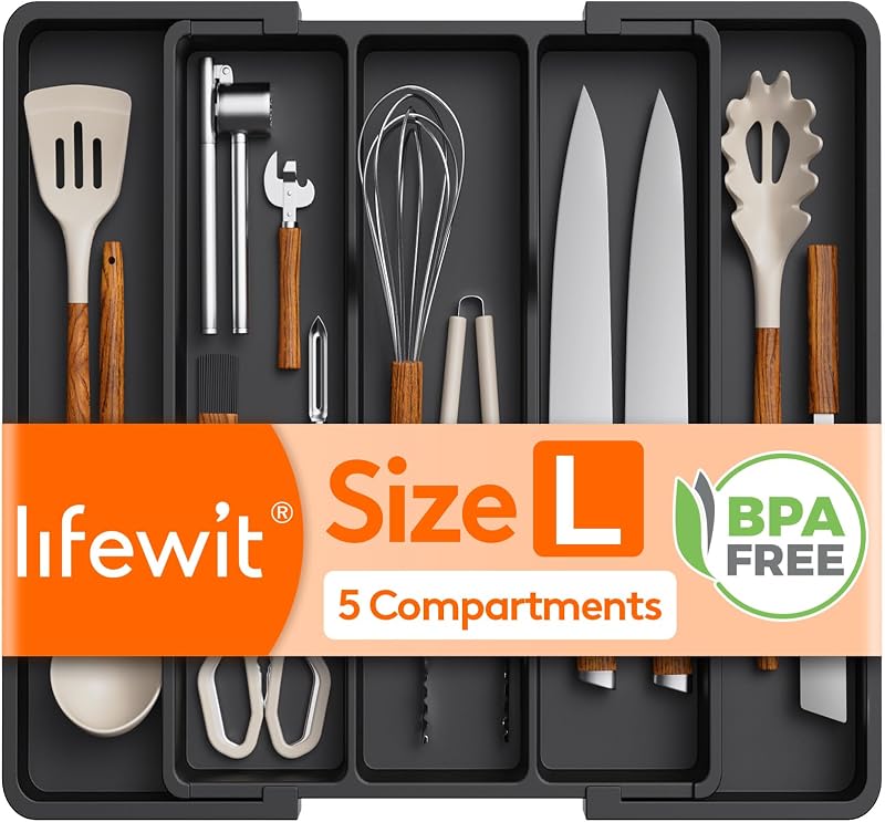 Lifewit Utensil Drawer Organiser Extendable Cutlery Tray Black