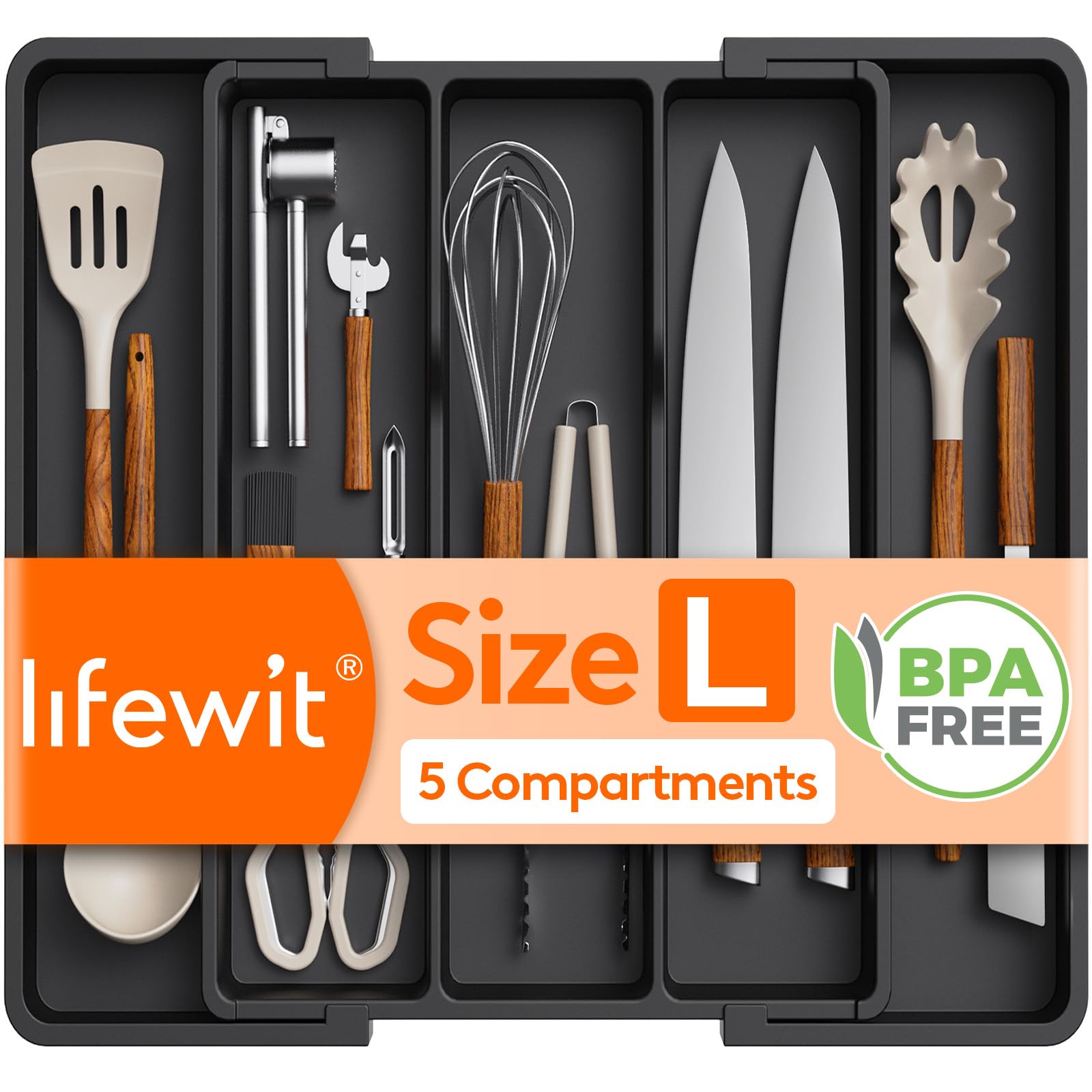 Lifewit Utensil Drawer Organiser, Extendable Cutlery Tray for Kitchen, Adjustable Silverware Flatware Holder, Plastic Kitchen Spatula Tools and Gadgets Storage Divider, Large, Black