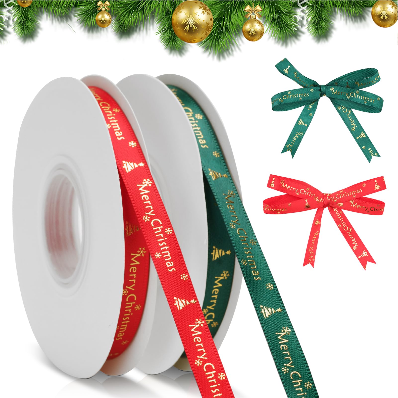 KINGLAKE Merry Christmas Ribbon for Gift Wrapping, 2 Rolls x 25 Yards 10mm Red Green Satin Pattern Christmas Ribbons for Crafting, Xmas Tree, Presents, Flowers, DIY Crafts,Gift Basket