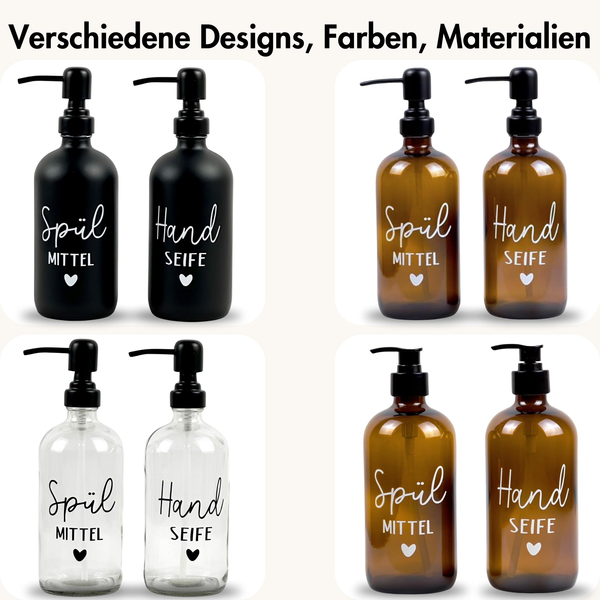 Glas Seifenspender 500ml - Schwarzer Pumpspender, Spülmittelspender für Küche. Handseifenspender für Badezimmer (Braun, Spülmittel + Handseife) 9