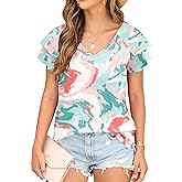 FREEOAK Womens Floral Tops Ruffle Sleeve Shirts for Women V Neck Loose Fit Casual Tee Tunics