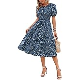Kormei Women Summer Casual Boho Floral Round Neck Short Sleeve Smocked Waist Tiered Flowy Swing Midi Dress