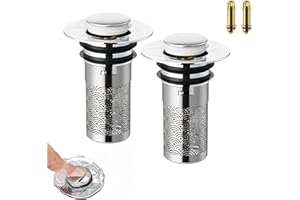 KKPOT Universal Pop-Up Bathroom Sink Stopper, Stainless Steel Drain Strainer with Removable Filter Basket for 1.1"-2.36" Basin, Push-to-Bounce Core, Bathroom Sink Plug, Hair Catcher, 2 Pack