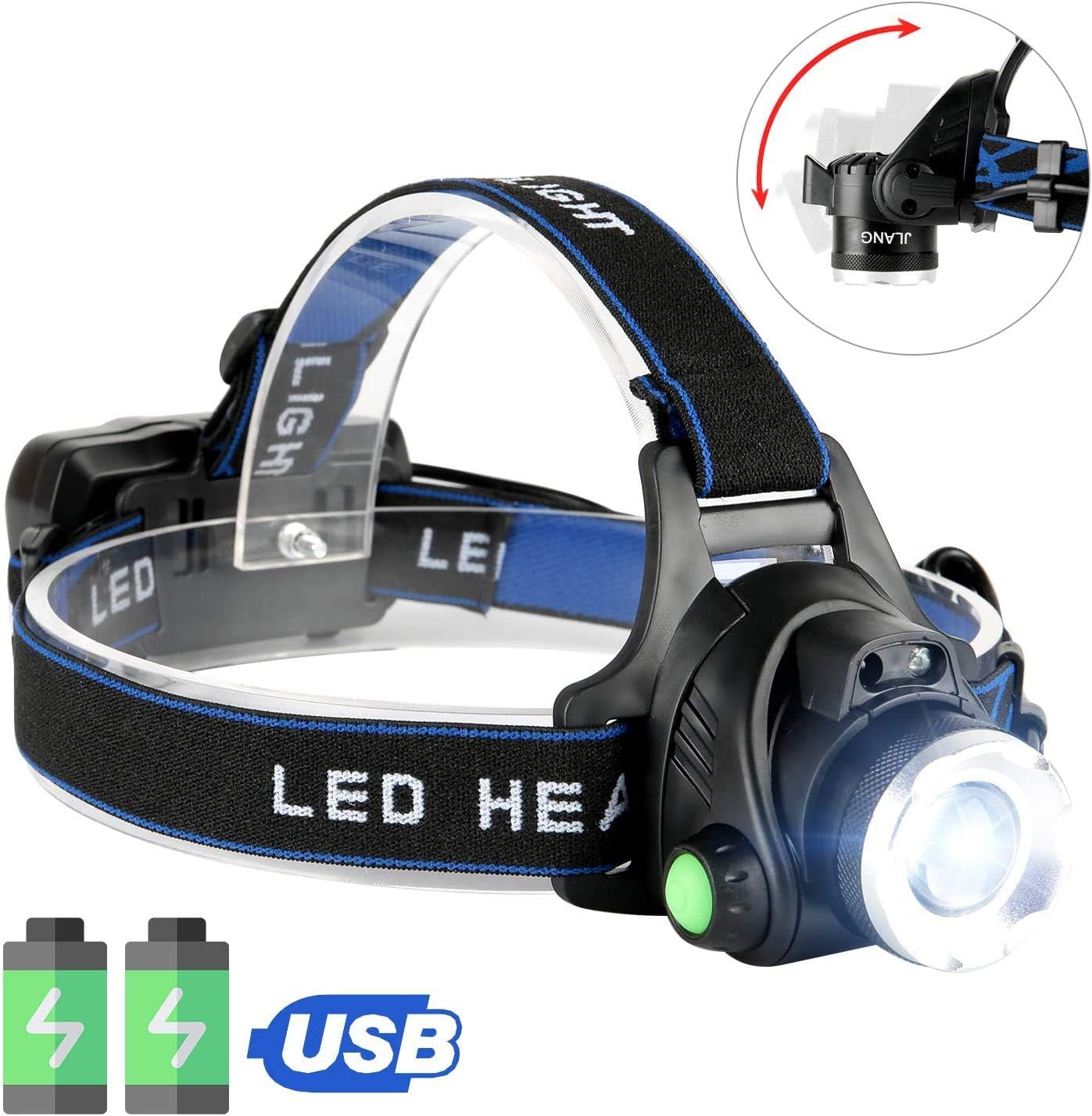 Headlamp Flashlight, USB Rechargeable Led Head Lamp, IPX4 Waterproof T004 Headlight with 4 Modes and Adjustable Headband, Perfect for Camping, Hiking, Outdoors, Hunting - - 
