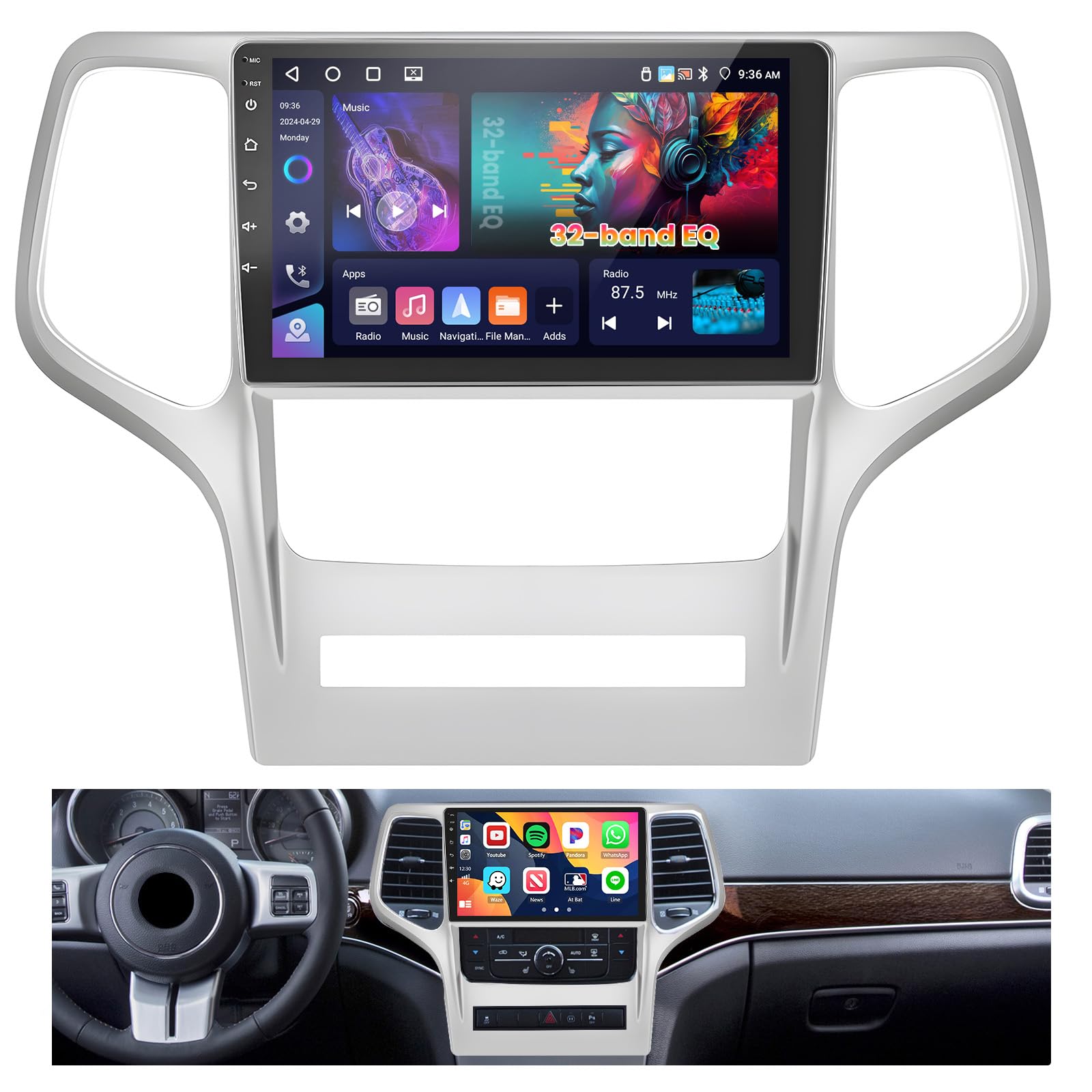 Photo 1 of Inefala [4+64GB] Car Stereo for Jeep Grand Cherokee 2008-2013 with Wireless Carplay Android Auto, 9 Inch HD Touchscreen with WiFi GPS Bluetooth5.0 FM/RDS Radio 32EQ SWC Canbus Backup Camera MIC