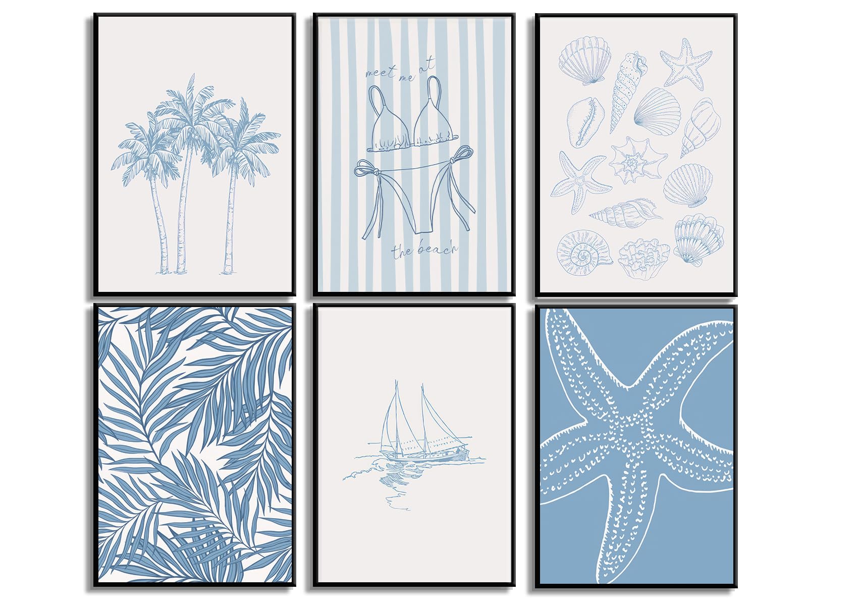 Photo 1 of (does not include frames )Blue Coast Bikini Shell Canvas Wall Art Fashion Swimwear Beach Aesthetic Wall Decor Preppy Coast Poster Print Artwork for Hallway Bedroom and Living Room Home Decor 8x10in