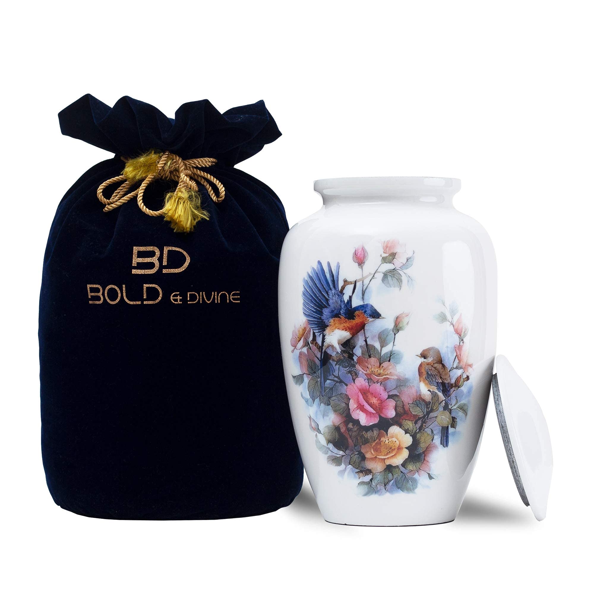 BOLD & DIVINE White Birds Printed Cremation Urn | Large | 200 Cubic Inches | For Human Ashes Adult Memorial, Burial, Funeral Cremation Urn with Unique Velvet Bag — image 1