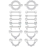 Cisyozi 14G Round CZ Heart Shaped Nipple Jewelry - Stainless Steel Nipple Tongue Ring Barbell Piercing Jewelry for Women - 14mm Silver Rose Gold Colorful 9Pairs