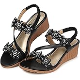 TEMOFON Wedge Sandals for Women Dressy: Summer Open Toe Elastic Ankle Strap - Comfortable Bohemian Low Wedge Sandals