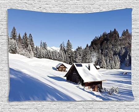 QIAO Tapiz de Invierno Caba?as de Madera en Las Monta?as D¨ªa Soleado