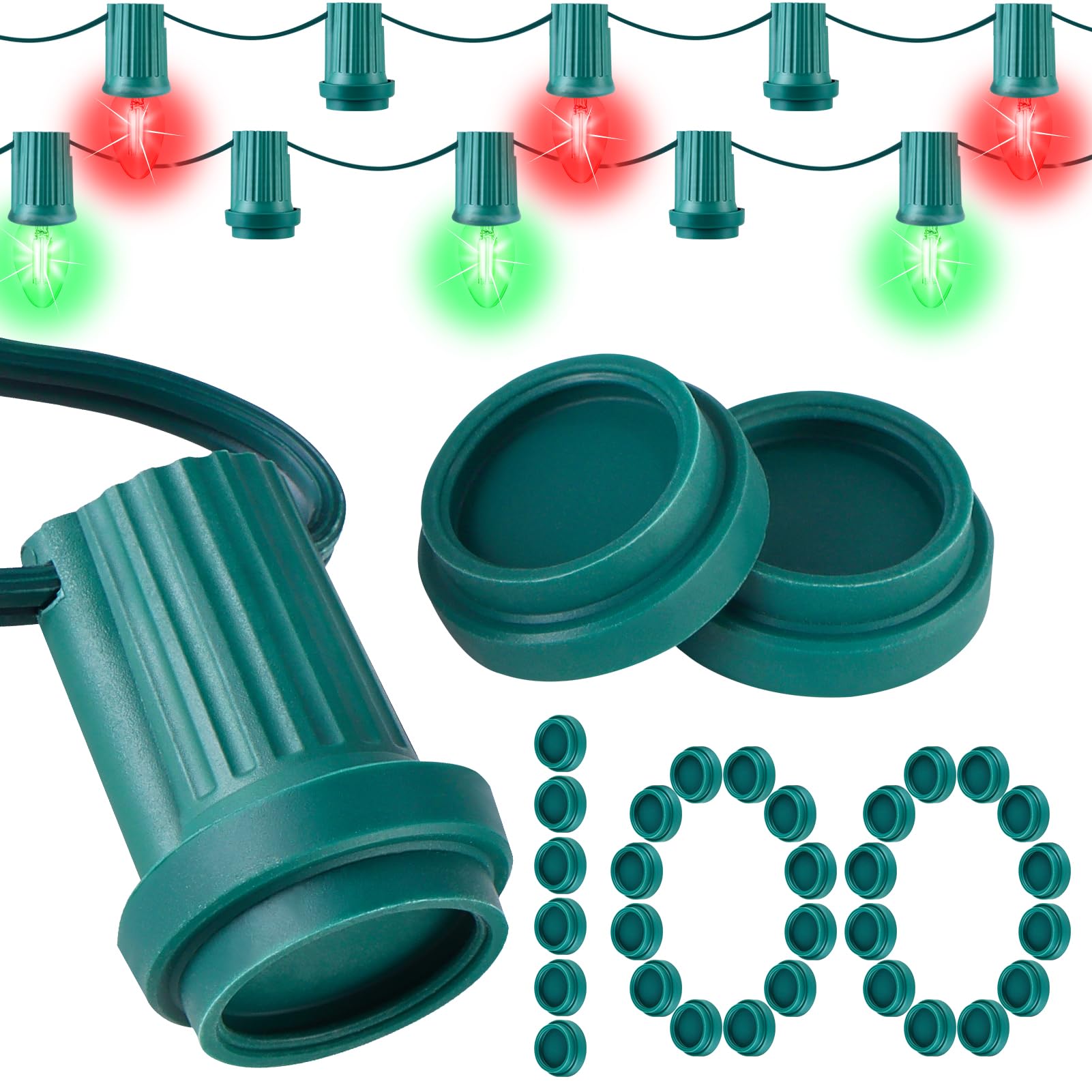Photo 1 of 100 Pcs Christmas Light Bulb Socket Cover, C7 and C9 Socket Caps for Covering Holiday Outdoor Unused Open Stringers Light, Waterproof (Green)