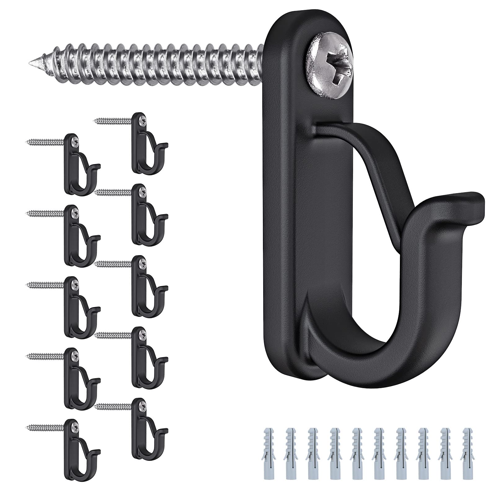 BeneLabel 10pcs Christmas Light Hook Screw-in Hanger for Outdoor Garden Hanging Plant, String Wire, Cups, Kitchen Utensils with Safety Buckle & Expansion Anchor, 4.5cm / 20lbs, Black — image 1