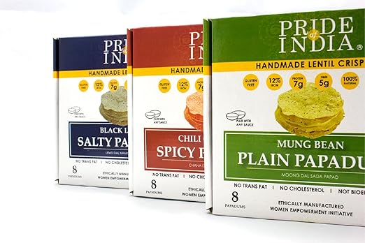 El orgullo de la India clasificó lentejas Papadum fichas plana, salado y embalaje en caliente 6 (2 cajas por sabor) 3,53 oz (100 g) por caja 8count: Amazon.es: Alimentación y bebidas