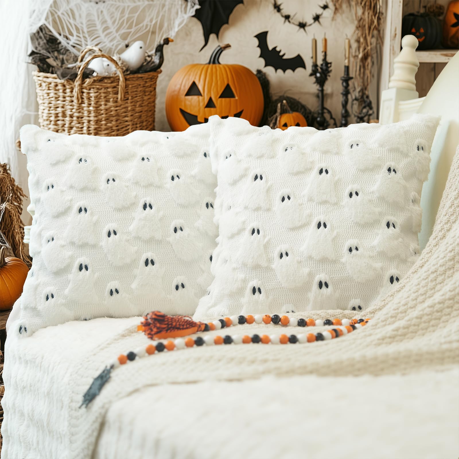 Photo 1 of GEEORY Halloween Ghost Soft Plush Pillow Covers, 20 x 20 Inch Set of 2, Fluffy Faux Fur Wool Decorative Farmhouse Cushion Case for Sofa Home Decoration White GC026-20