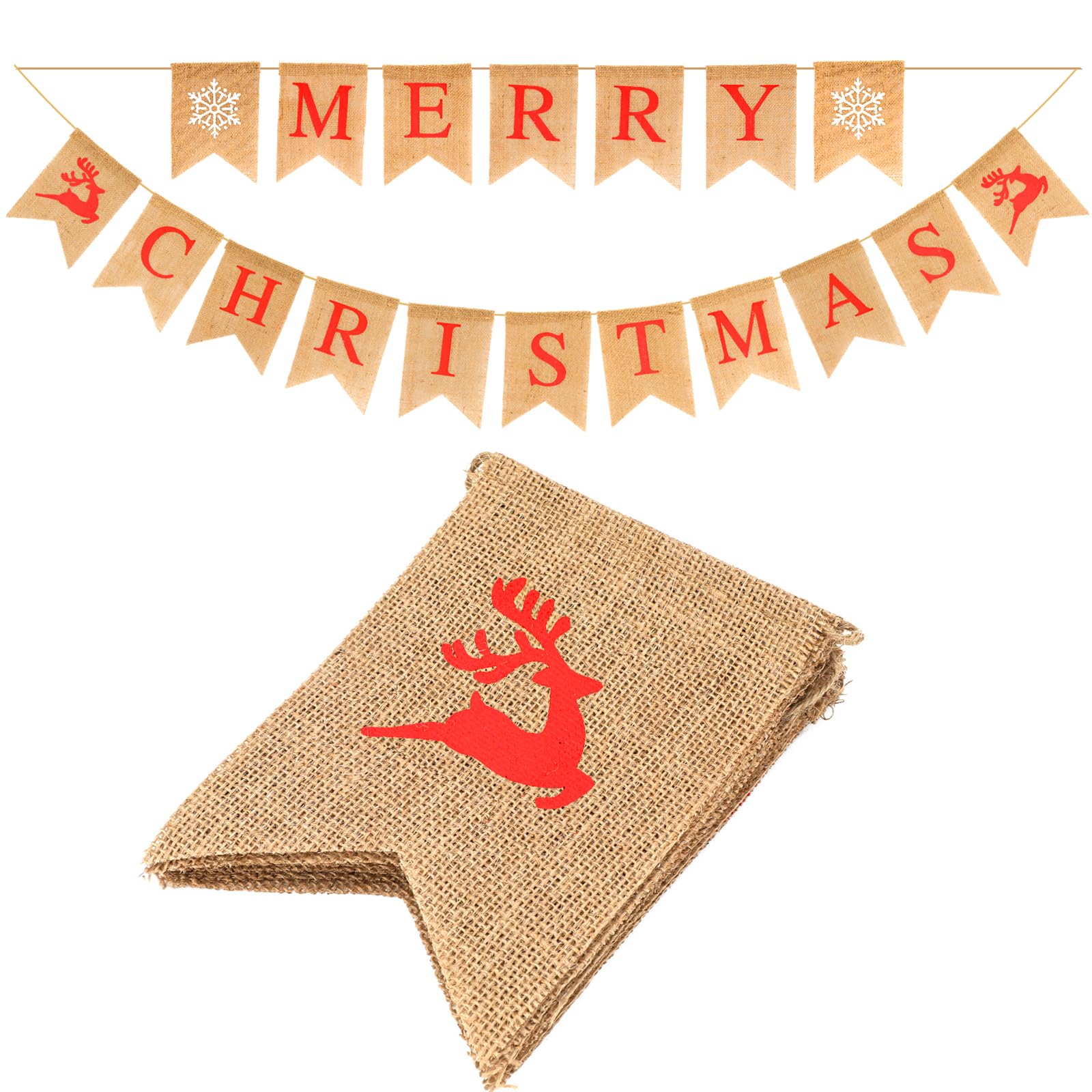 G2PLUS Merry Christmas Burlap Banner, 4.8M Vintage Christmas Garland with 16 Flag Pennants, Rustic Hessian Bunting for Decoration