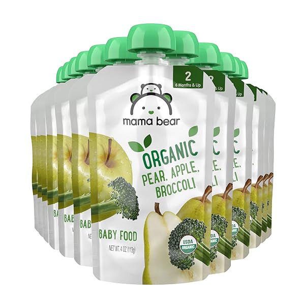 AMAZON BRAND – MAMA BEAR ORGANIC BABY FOOD, STAGE 2, PEAR, APPLE, BROCCOLI, 4 OUNCE (PACK OF 12)