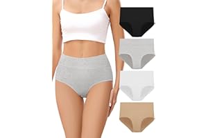 VOENXE Women's Cotton Underwear High Waisted,Ladies Panties Postpartum Full Coverage Briefs,Breathable Soft Underpants,4 Pack