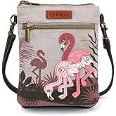 CHALA Double Pocket Xbody Women RFID Protected Canvas Crossody Purse with Adjustable Strap - Flamingo Group - gray