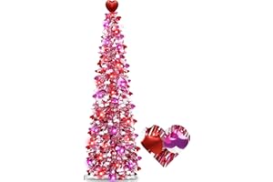 TURNMEON Valentines Day Decorations 5 Ft Valentines Tree with 50 Red&Pink Lights Timer 3 Color Sequin Ornaments Heart Topper Battery Operated Tinsel Christmas Tree Valentine Decor Home Wedding Party Indoor
