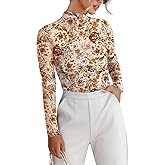 Dressmine Women's Sheer Mesh Top Floral Mock Turtle Neck Sexy Long Sleeve Double Layer Ruched Going Out Tops