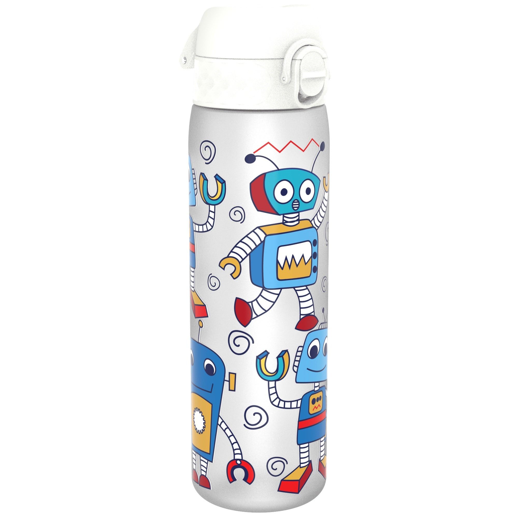 Ion8 Water Bottle, 500ml/18oz, Slim Leak Proof & BPA-Free Drinking Bottle, Secure Lock Prevents Spills, Dishwasher Safe, Carry Handle, Ideal for Adults & Kids - Travel, Gym & School, White, Robots